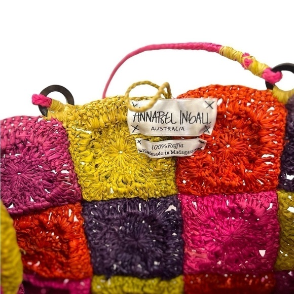 Annabel Ingall Raffia Shoulder Bag Tote Button Crochet Patchwork Colorful - Picture 6 of 9
